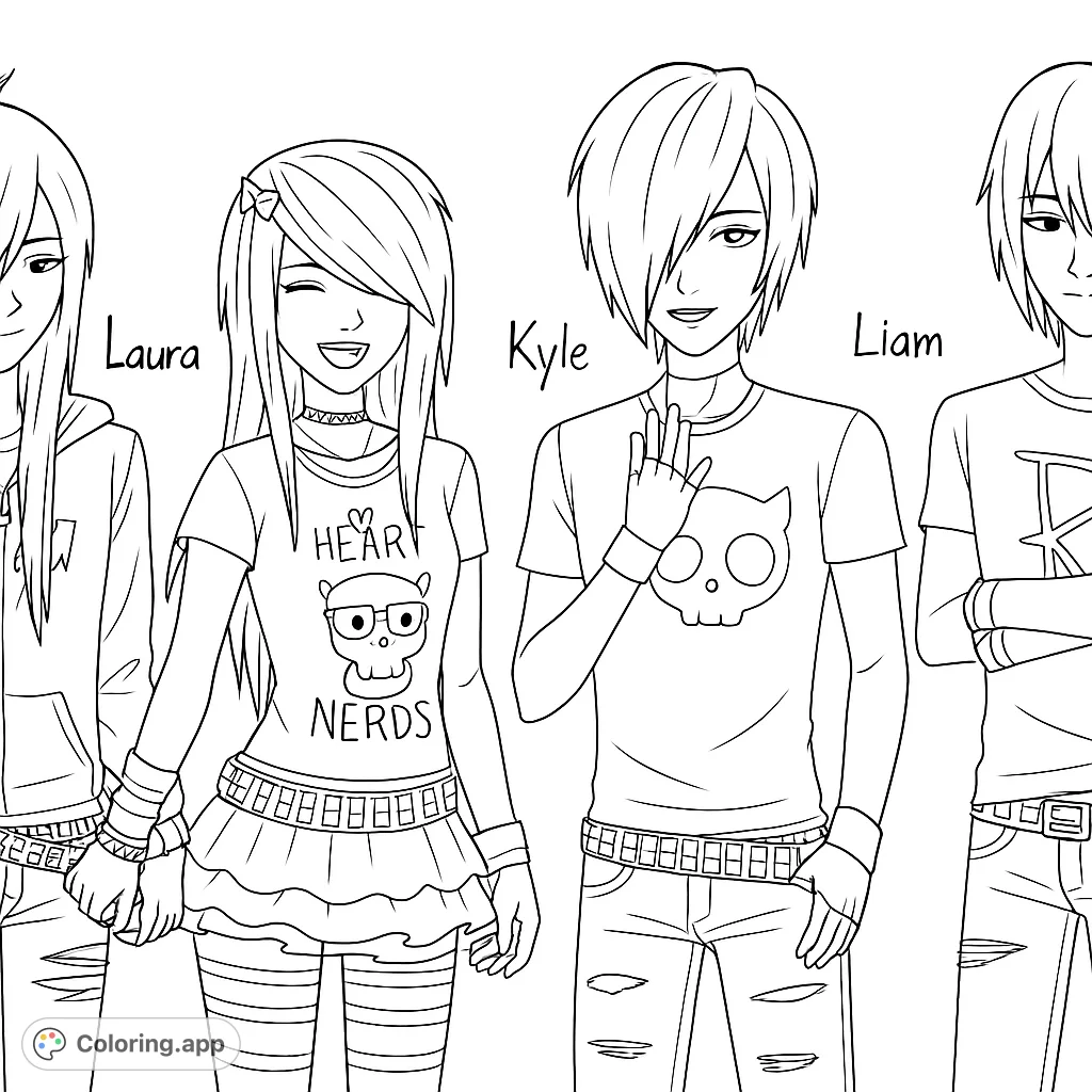 Four anime-style characters in emo/gothic fashion, featuring detailed outfits, unique hairstyles, and expressive poses. Perfect for fans of alternative styles.