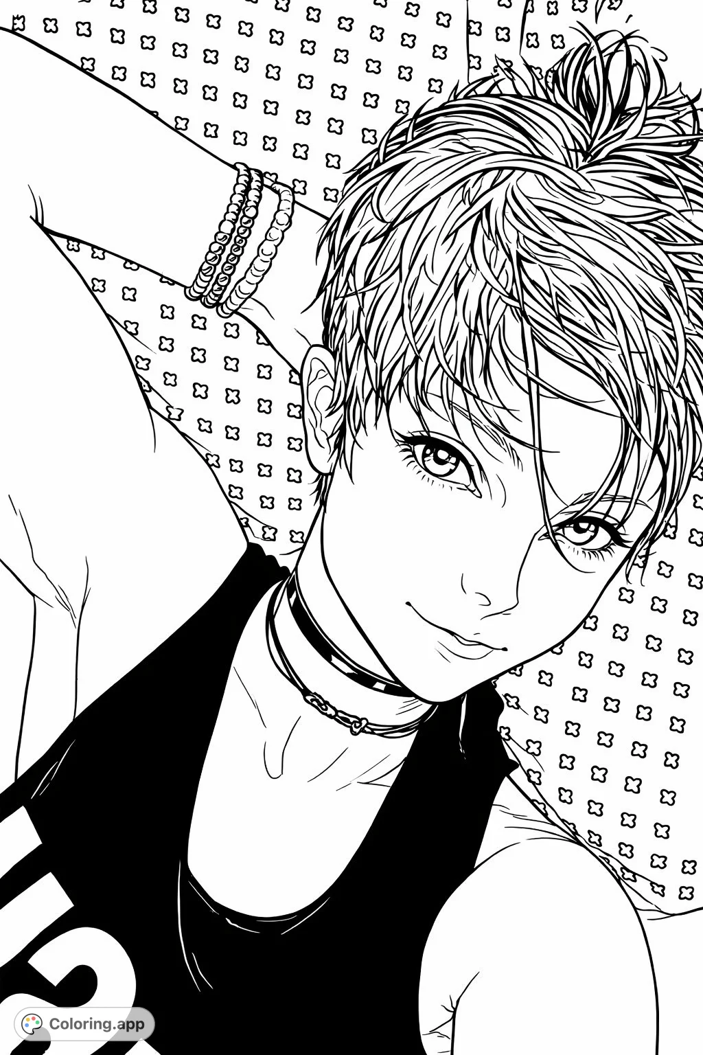 An expressive portrait featuring a person with short hair and unique accessories, resting on a patterned surface, offering a detailed and engaging coloring experience.