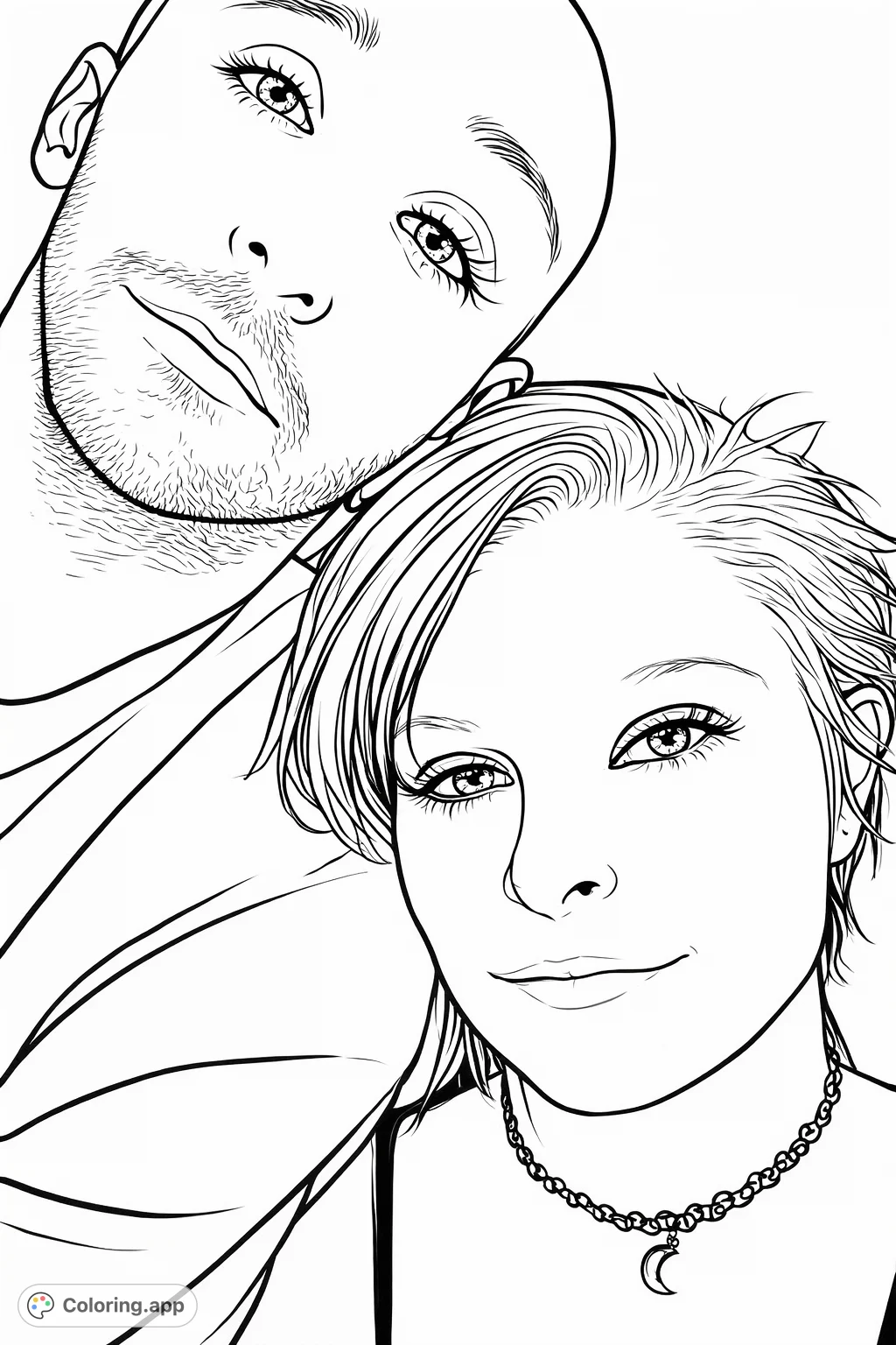 Capture an intimate portrait of two individuals, featuring detailed facial expressions and a unique crescent moon choker. Perfect for expressive coloring.