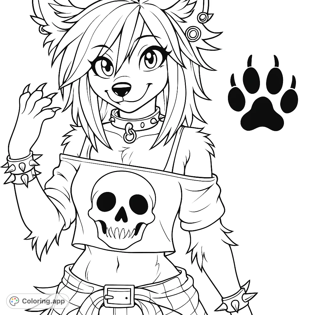 Unleash your creativity with this punk wolf character coloring page! Featuring a stylish furry with a skull top, spikes, and a cool attitude.