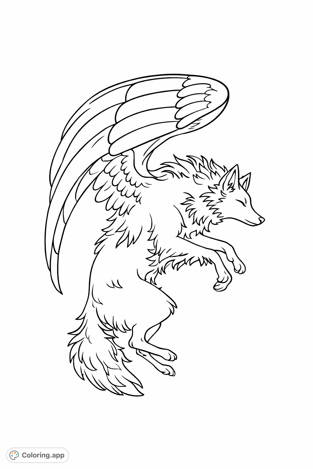 Soar with a majestic winged wolf! This fantasy creature in mid-flight offers intricate fur and feather details for a captivating coloring adventure.