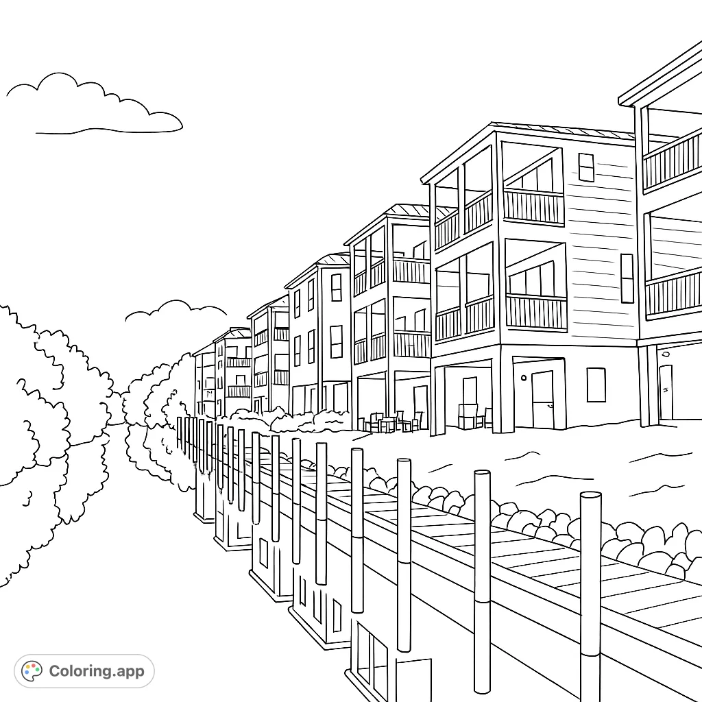 Color a serene scene of waterfront residences with balconies, a long wooden dock, and lush trees, perfect for a relaxing escape.