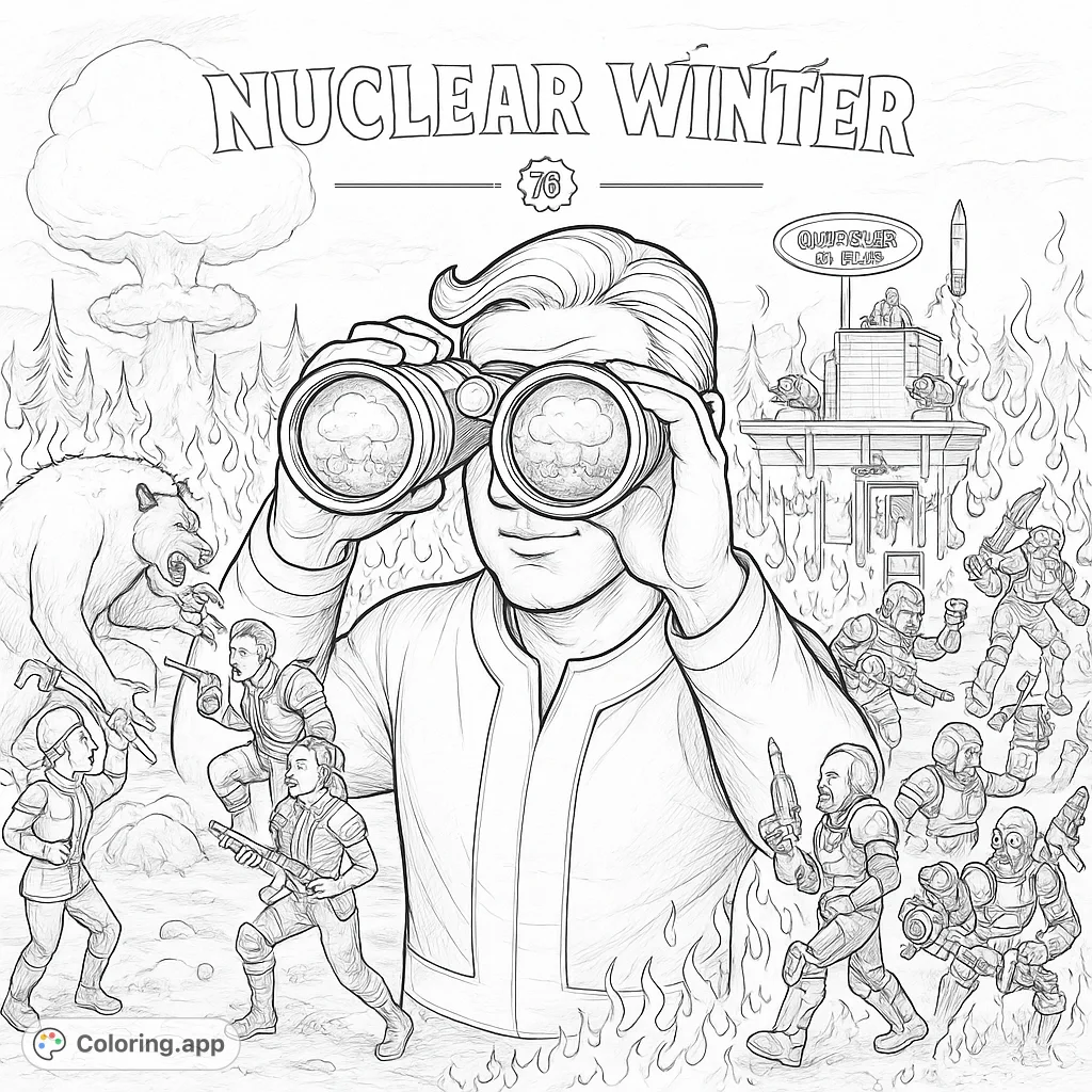 Dive into a detailed post-apocalyptic scene with a central character observing chaos, battles, and a distant mushroom cloud. Perfect for fans of survival themes.