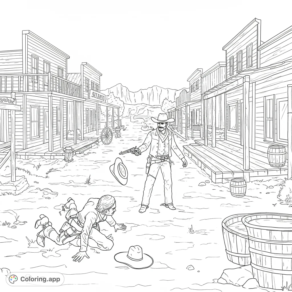 Experience a tense western duel on a dusty main street. Two cowboys face off in a dramatic moment, perfect for detailed coloring.