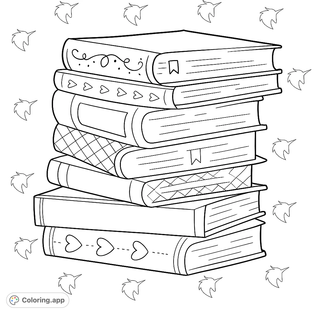 Discover a whimsical stack of seven books with unique spine patterns and a magical unicorn background. Perfect for book lovers and fantasy fans!