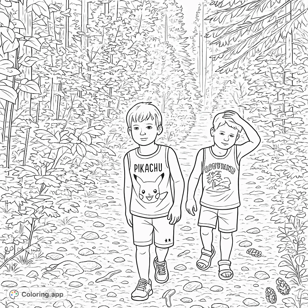 Two boys explore a serene forest path, hand-in-hand, surrounded by lush trees and natural textures. A delightful nature scene for coloring.