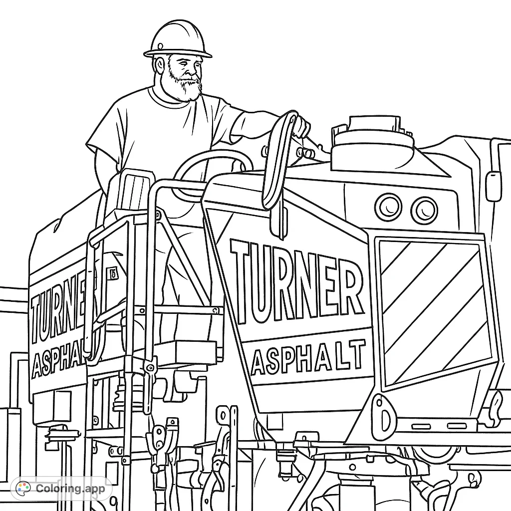 Detailed asphalt paver coloring page featuring a skilled operator. Explore the intricate machinery and bring this construction scene to life with your colors.