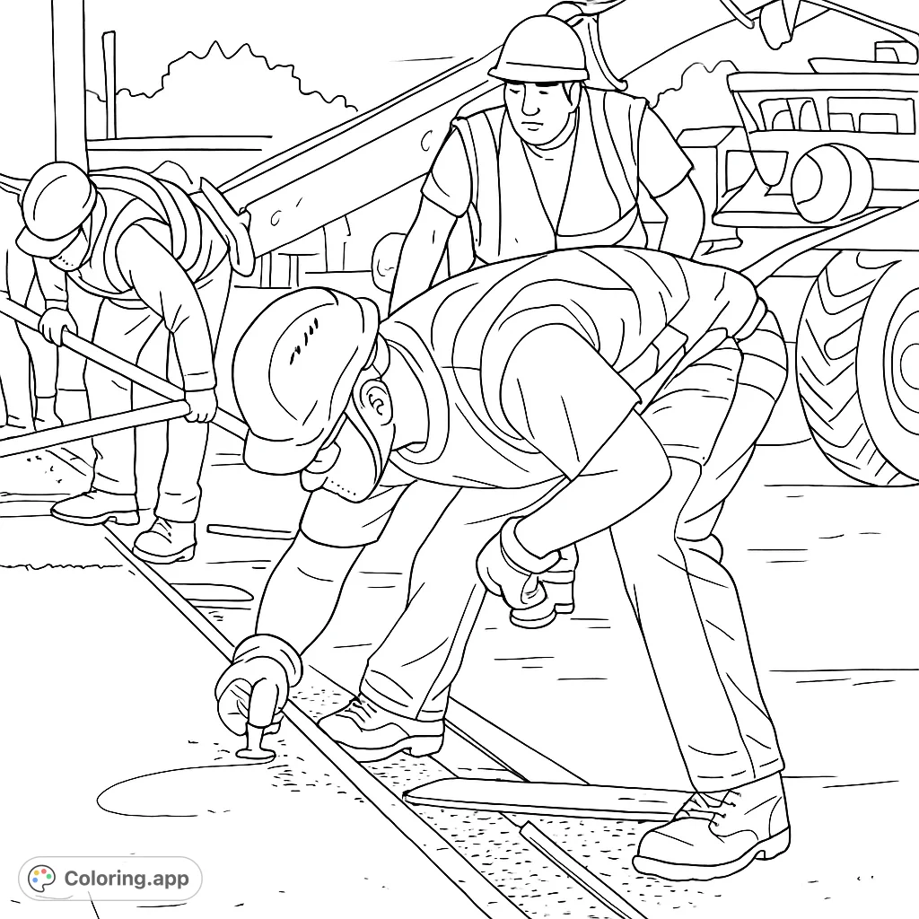 Join the construction crew! This detailed coloring page features workers laying concrete, perfect for exploring the world of building and hard work.