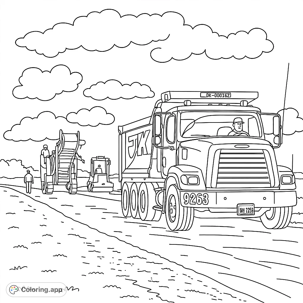 A detailed construction roadwork scene featuring a large dump truck, milling machine, and workers under a cloudy sky. Perfect for vehicle enthusiasts.