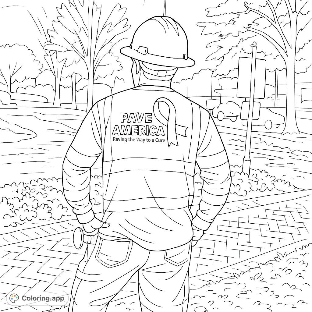 Color a dedicated construction worker with a symbolic ribbon on their uniform, set against a work site background. A meaningful and engaging page.