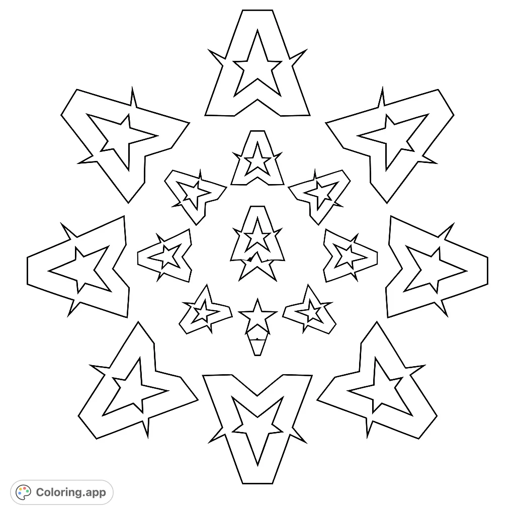 An intricate geometric star mandala coloring page, perfect for detailed coloring. Features repeating star and letter-like shapes in a mesmerizing radial design.