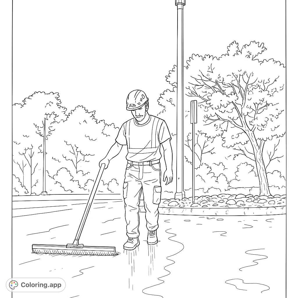 A detailed pavement sealing coloring page featuring a worker with a squeegee, a light pole, and trees. Perfect for learning about construction work.