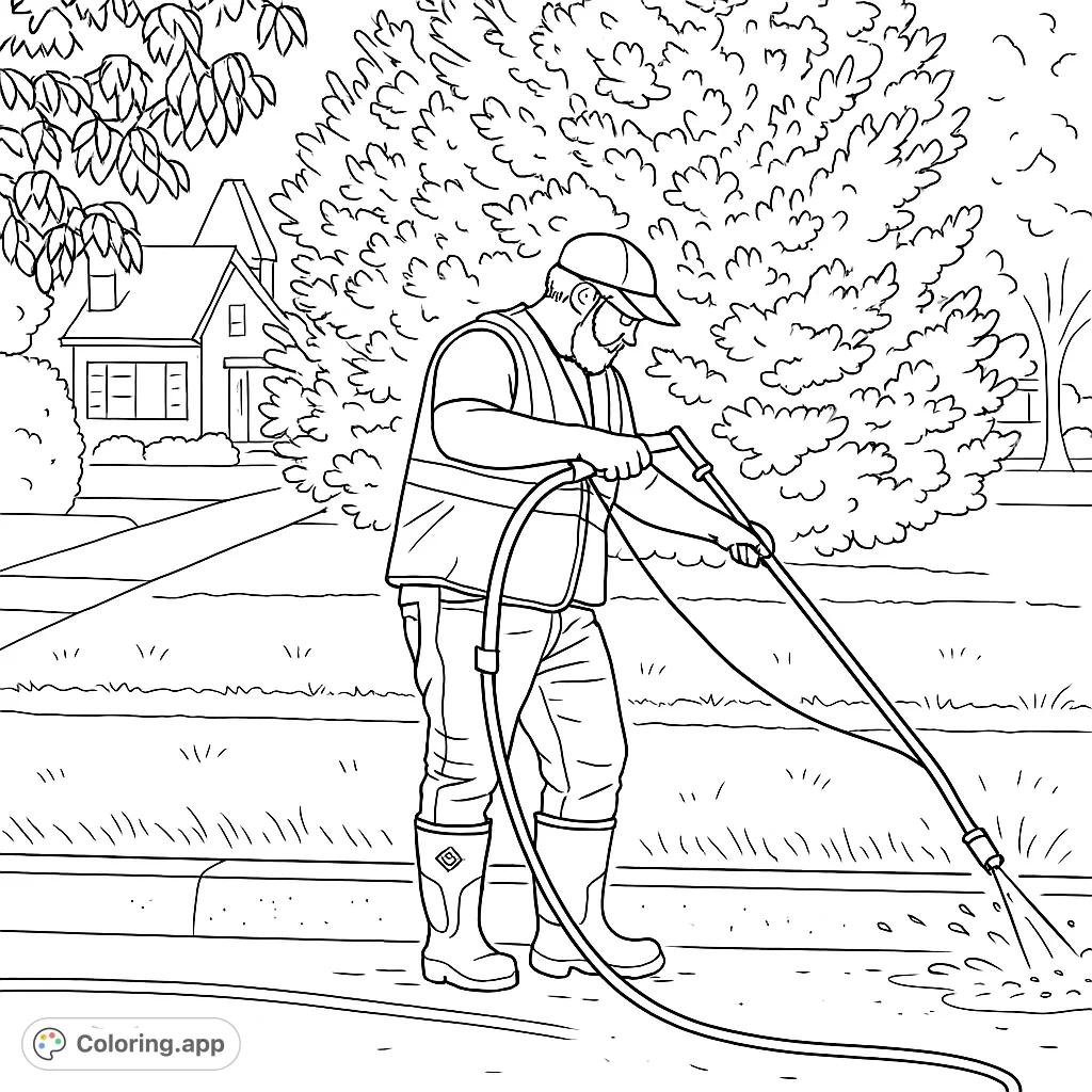 A detailed pressure washing coloring page featuring a worker cleaning a street, perfect for exploring textures and community themes.