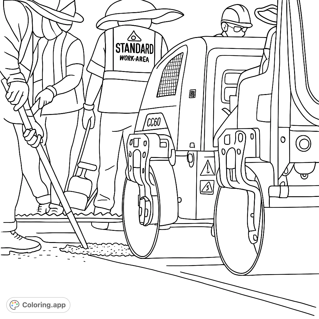 A detailed road construction coloring page featuring workers, heavy machinery, and a textured road surface. Perfect for all ages to explore the world of building.
