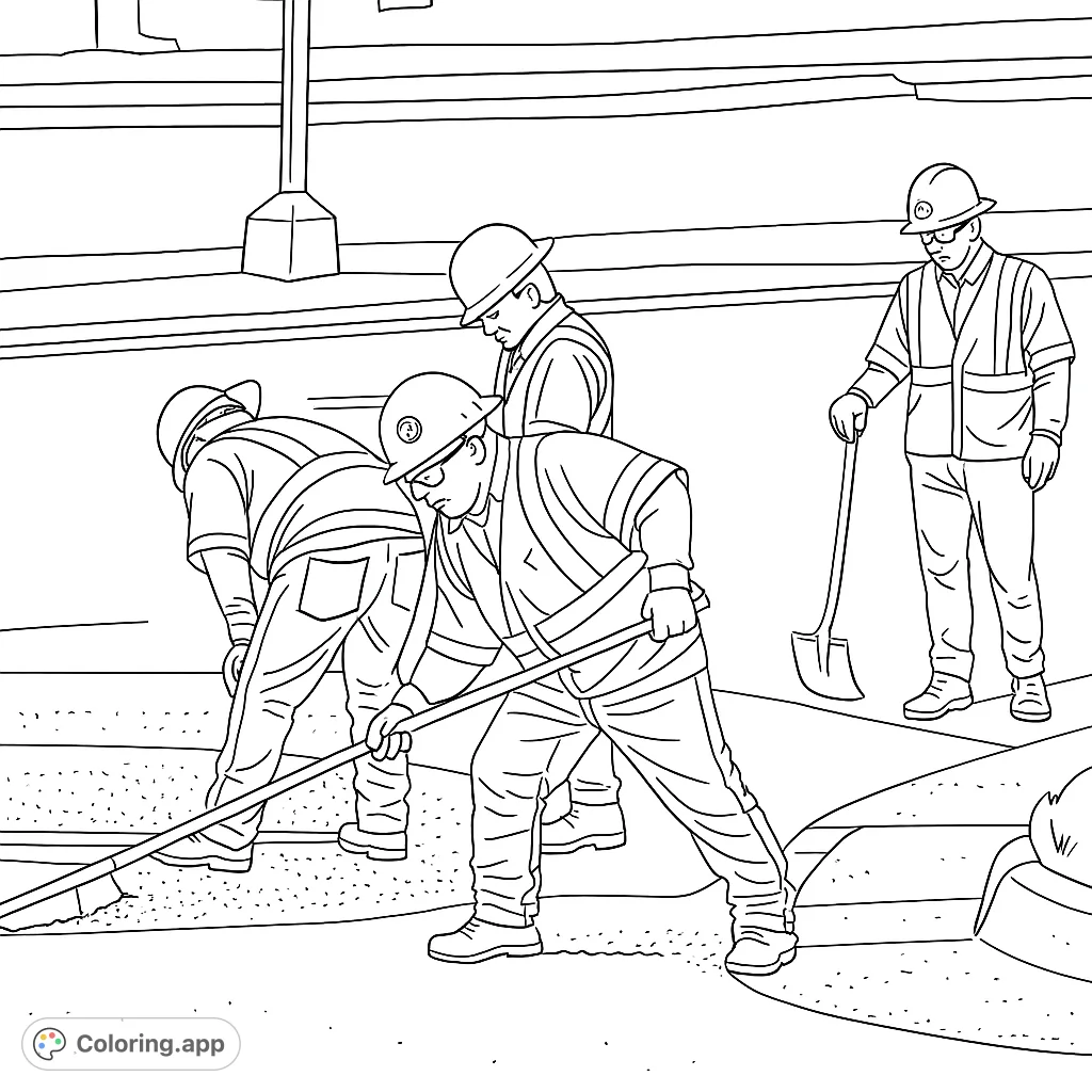 A detailed road construction coloring page featuring workers in safety gear, spreading asphalt. Perfect for learning about community jobs.