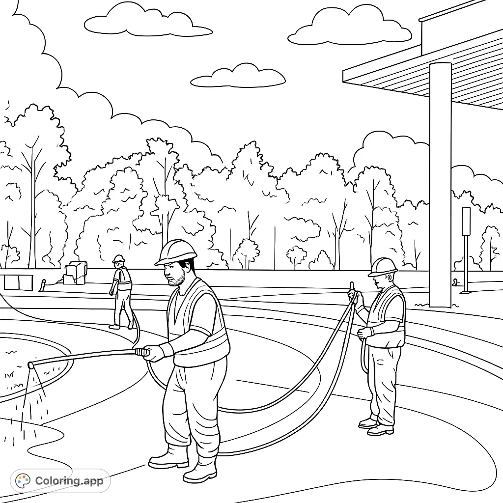 A detailed road crew at work coloring page, showing workers applying asphalt with equipment and a modern building backdrop. Free printable construction coloring page.