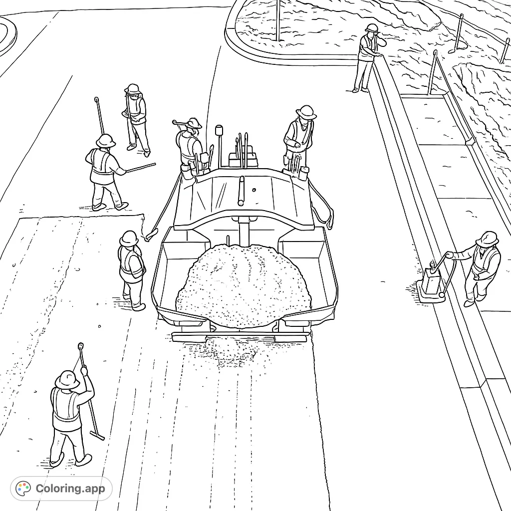 Explore a detailed road paving construction site with heavy machinery and diligent workers. A free printable construction coloring page for all ages.