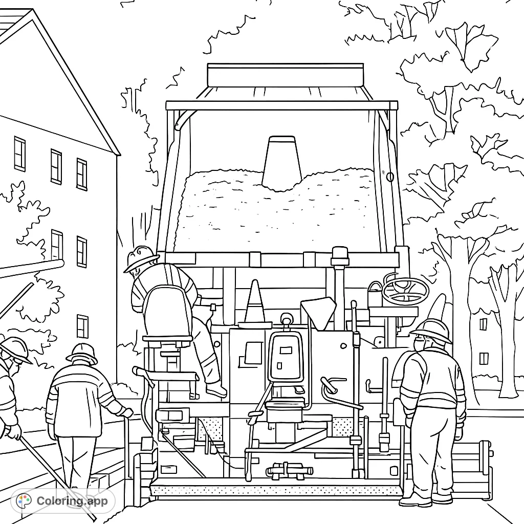 Experience the busy world of road construction! This detailed coloring page features a paving crew, large machinery, and fresh asphalt, perfect for aspiring engineers.
