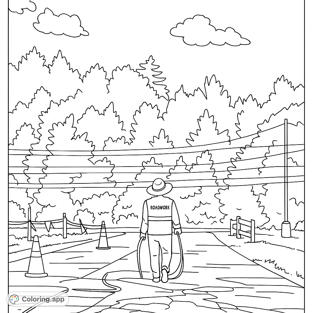 A detailed road worker coloring page featuring a person with a hose, traffic cones, and a tree-lined road. Perfect for those interested in community helpers and outdoor scenes.
