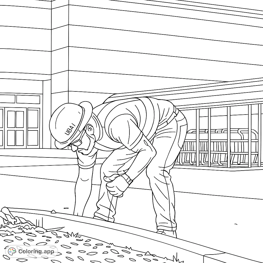 A detailed coloring page featuring a worker in safety gear bending down at a job site, with a building and paved area in the background. Perfect for all ages.