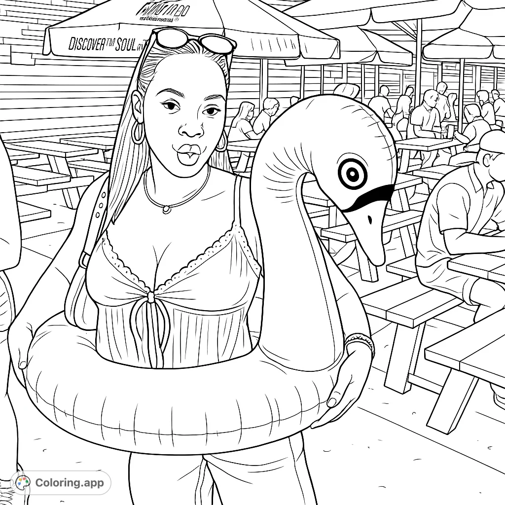 A fun-loving person with an inflatable swan float at a lively outdoor patio. Perfect for a unique and playful coloring experience.
