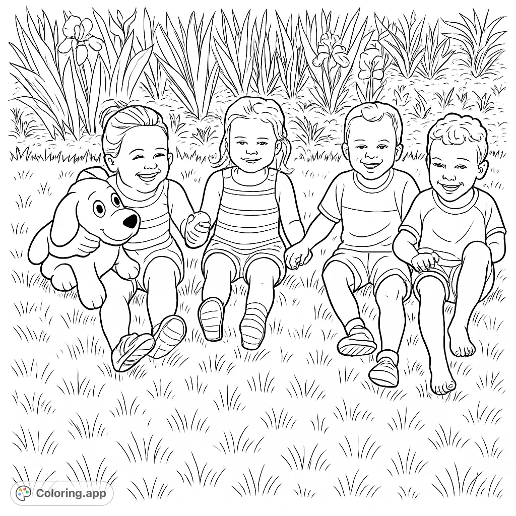 Four happy children holding hands on a grassy lawn, ready for a fun coloring adventure. Perfect for kids and celebrating friendship!