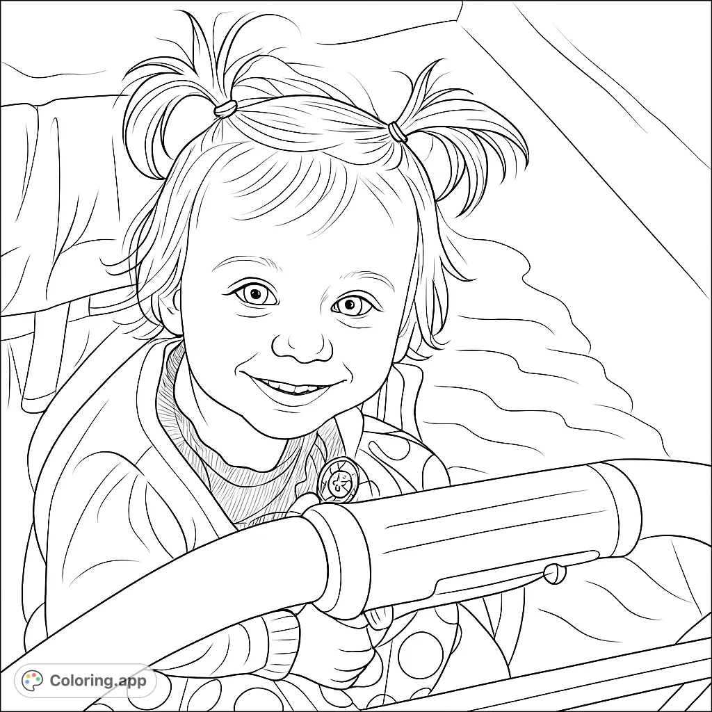 A delightful coloring page featuring a happy child with pigtails in a stroller, ready for a fun coloring adventure. Perfect for young artists!