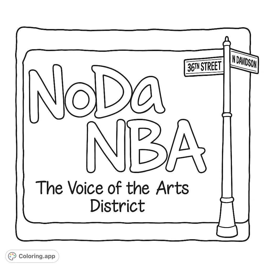 An urban arts district logo featuring bold text, a hand-drawn border, and a street sign with intersecting street names, perfect for creative expression.