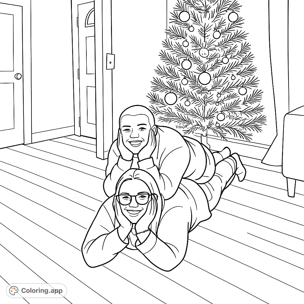A heartwarming holiday scene featuring two friends playfully stacked in front of a beautifully decorated Christmas tree, perfect for festive coloring fun.