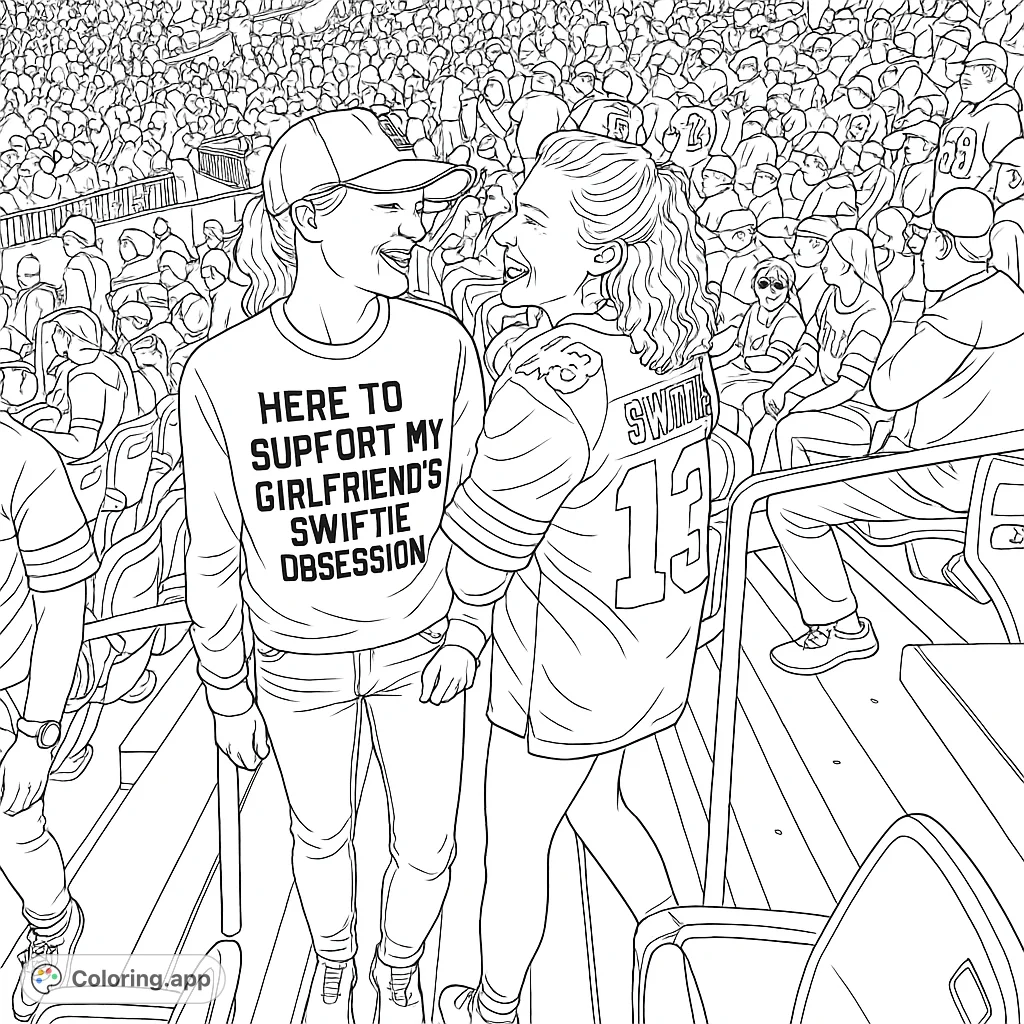 Capture the excitement of game day with two smiling fans in a bustling stadium. Perfect for sports enthusiasts and friendship themes.