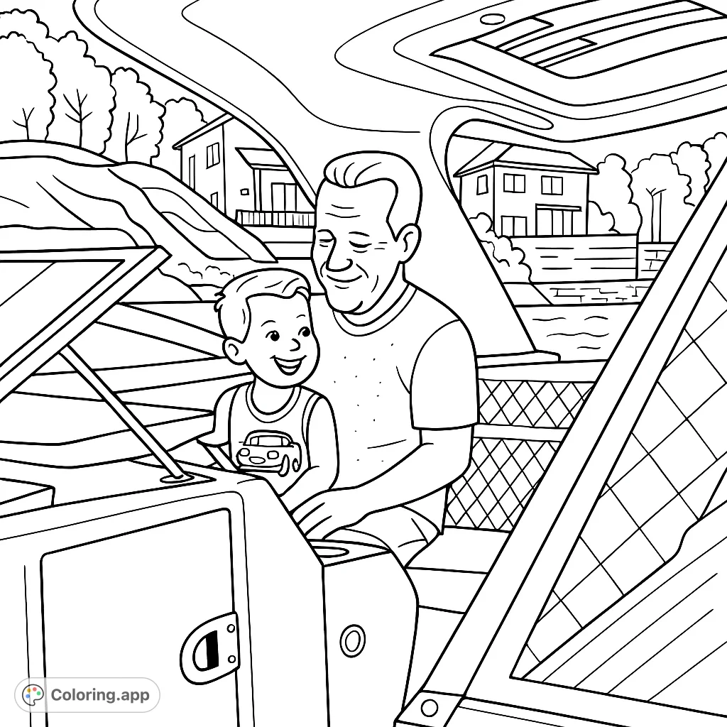 A heartwarming boating adventure featuring an adult and child, perfect for a relaxing coloring experience. Enjoy this free printable boating coloring page!