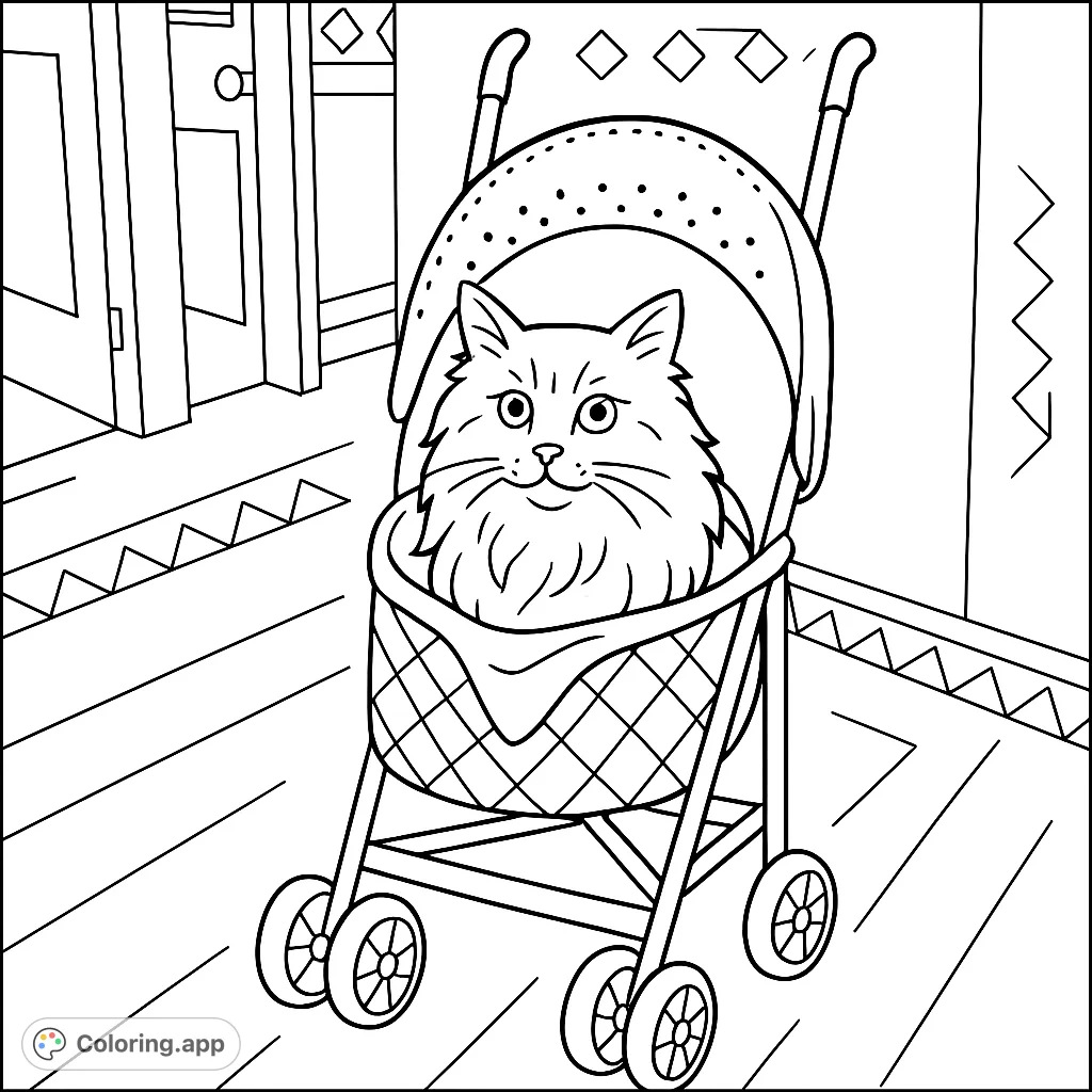 A charming cat enjoys a ride in its pet stroller, ready for a fun adventure. Perfect for animal lovers and a delightful cat coloring page.