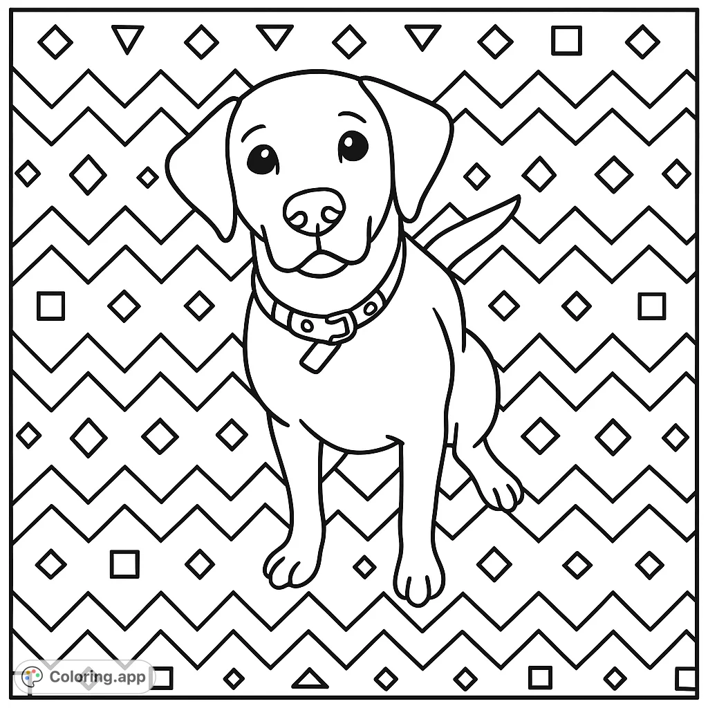 A charming puppy coloring page, perfect for kids! Features a friendly dog sitting on grass with geometric patterns, ready for your creative touch.