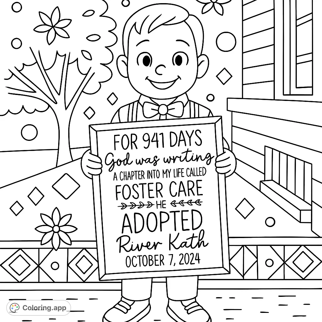 Celebrate a special milestone with this heartwarming coloring page featuring a happy child holding a sign. Perfect for family and friends.