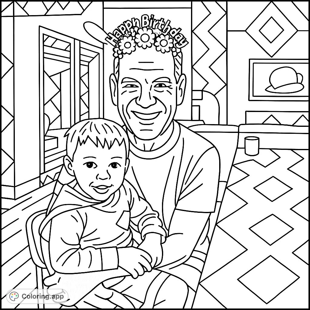 Celebrate family fun with this charming coloring page featuring a smiling adult wearing a festive headband and a child on their lap. Perfect for all ages!