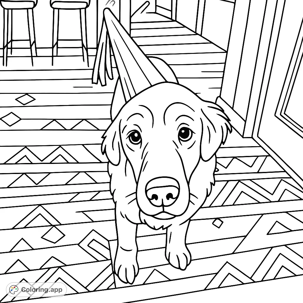 A delightful dog wearing a festive party hat, ready for celebration. This simple and fun coloring page is perfect for all ages.