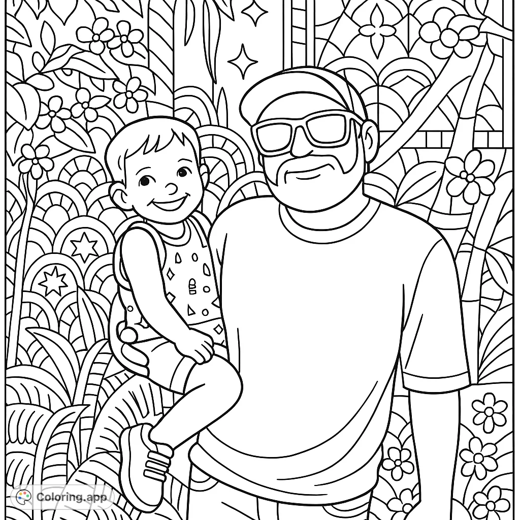 A heartwarming cartoony coloring page featuring a father holding his child in a lush botanical garden, perfect for family fun and creative expression.