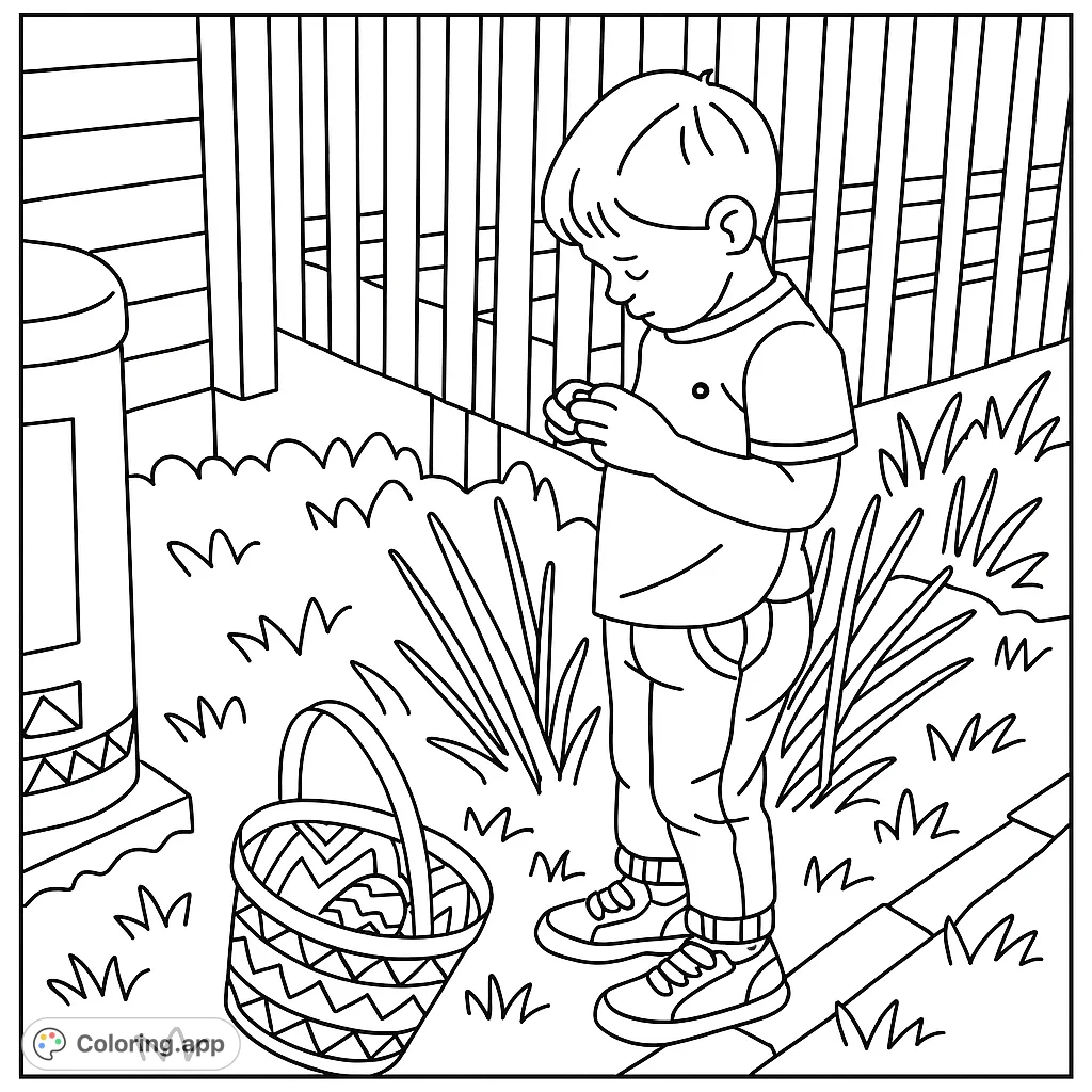 Join a little explorer on an exciting egg hunt! This simple, cartoony coloring page features a child, a basket, and hidden treasures, perfect for spring fun.