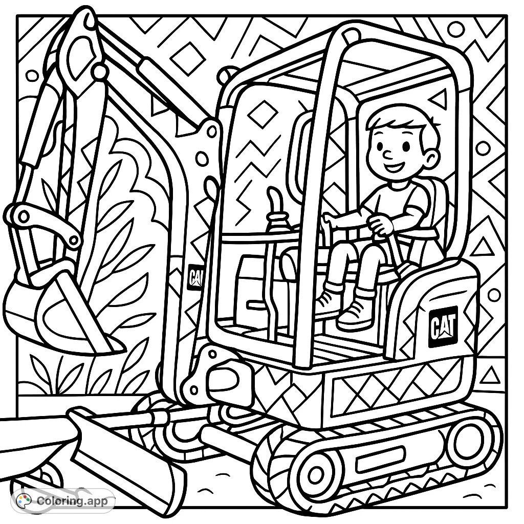 A fun construction vehicle coloring page featuring a happy child operating an excavator, perfect for young builders and aspiring engineers.