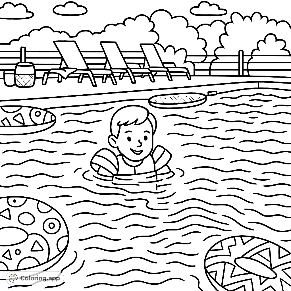 Dive into summer fun with this cartoony pool scene! A happy child enjoys the water, perfect for easy coloring and creative expression.