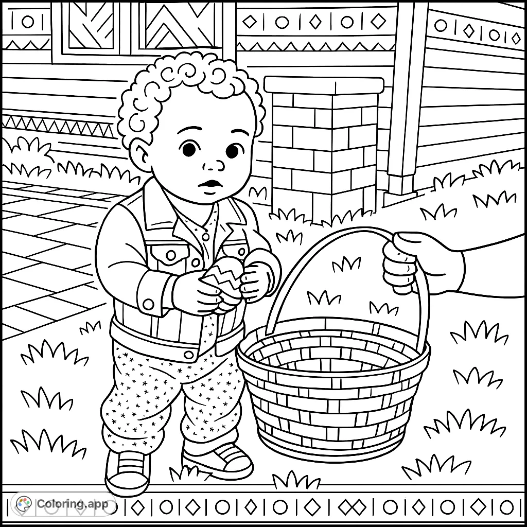 Join a cute toddler on their first egg hunt adventure! This charming coloring page features a child with a basket and a special find, perfect for spring fun.