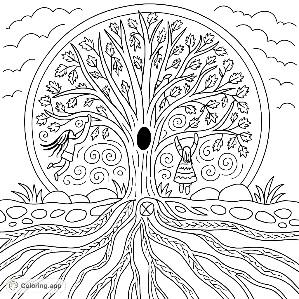 Explore a vibrant community tree of life, featuring figures interacting with its branches and roots. A symbolic design for all ages to color.