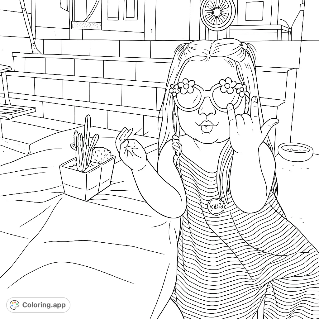A super cool child in striped attire and fun sunglasses, striking a playful pose. Perfect for a fun coloring session!