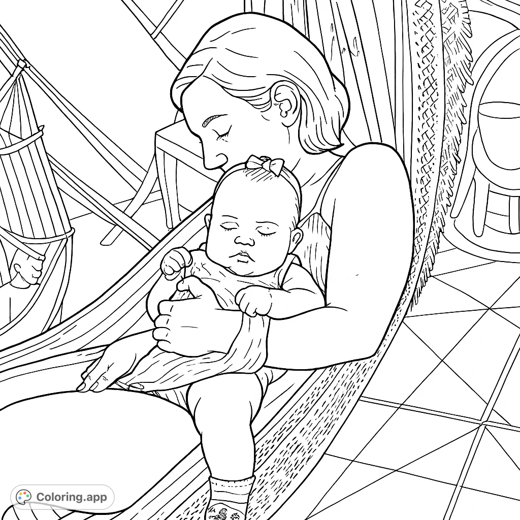 A tender moment captured: a woman gently cradles a sleeping baby in a cozy hammock. Perfect for a heartwarming coloring experience.
