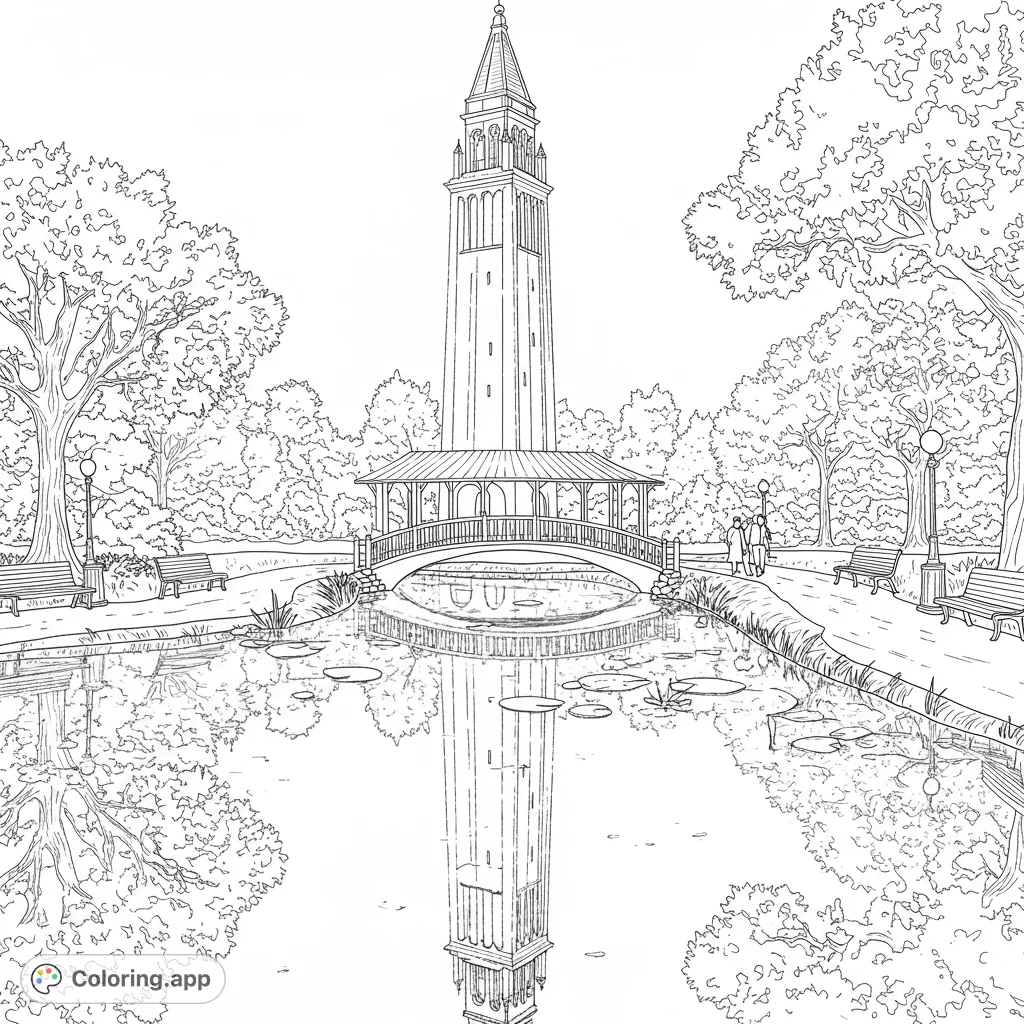 Discover the majestic Carillon at Baker Park, featuring its intricate bell tower, a serene pond with a graceful bridge, and people enjoying the peaceful park setting.