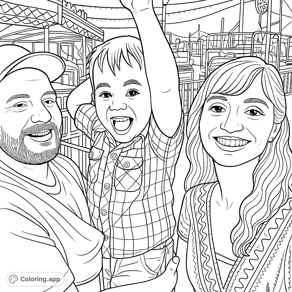 A joyful family moment at a bustling carnival, featuring a happy child with parents amidst rides and lights. A free printable family fun coloring page.