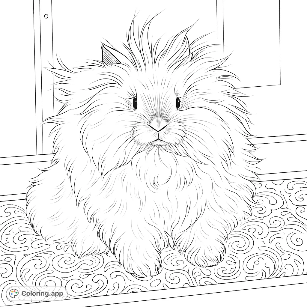 A charming fluffy rabbit with a wild mane of fur sits on a patterned surface, ready for your creative touch. Perfect for animal lovers!