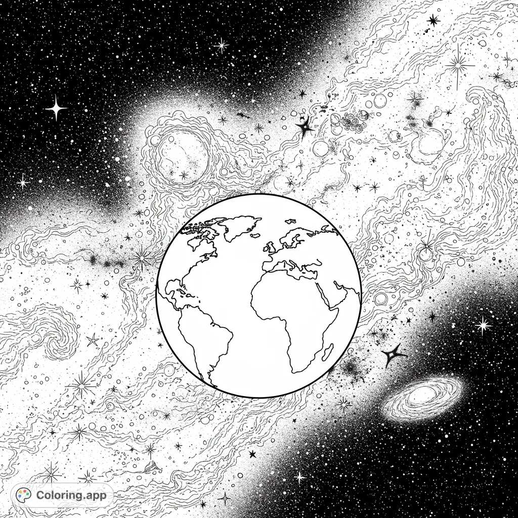 Explore the vastness of space with this detailed Earth coloring page. Features our planet amidst swirling nebulae and countless stars, perfect for cosmic creativity.