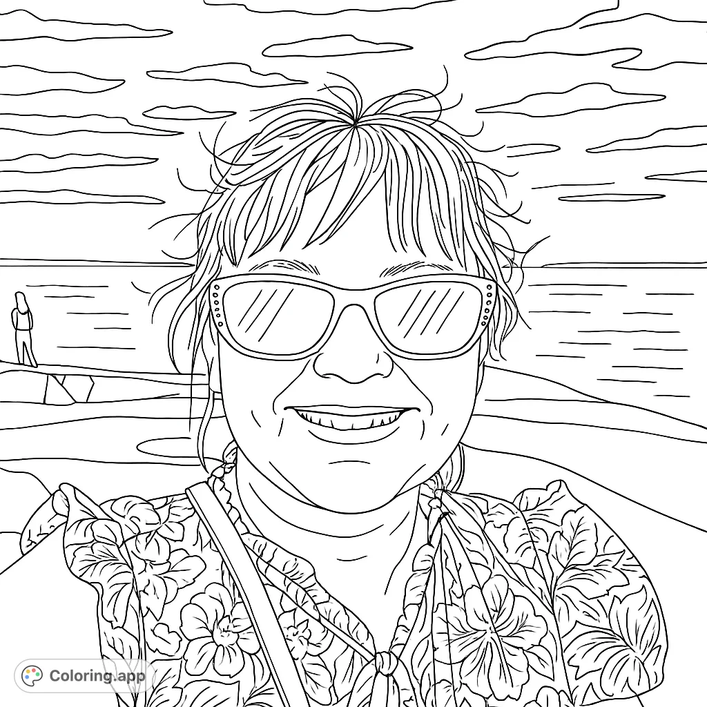 Capture a serene coastal moment with this portrait coloring page. Features a smiling person in sunglasses against a backdrop of rocks and ocean.