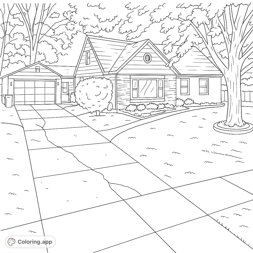 Explore a delightful suburban house coloring page, featuring a charming home, lush yard, and detailed driveway. Perfect for all ages.